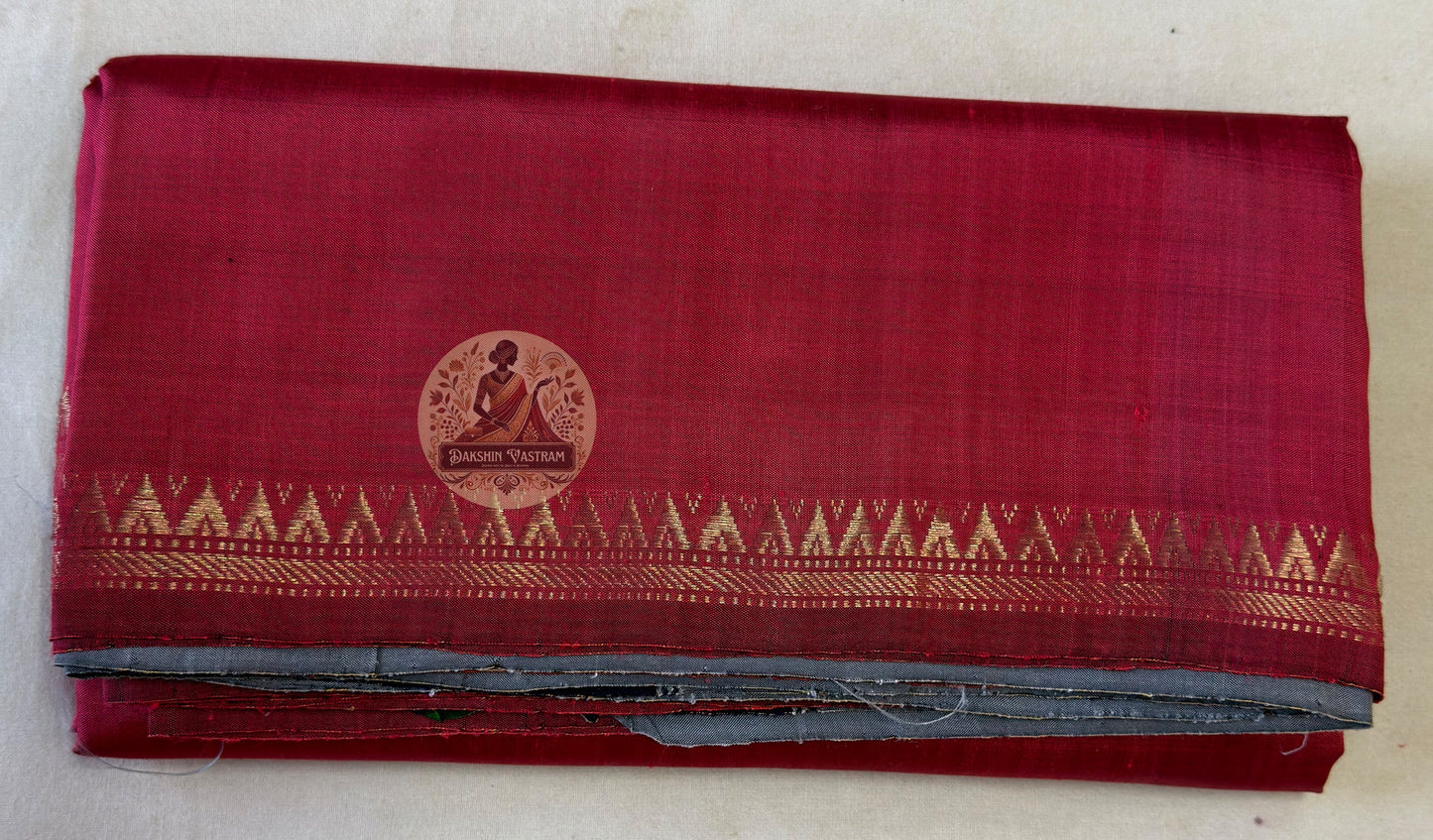 Full flat-lay of Bishnupur Pure Katan Silk Saree with matching blouse piece, handloom reception wear Bengal