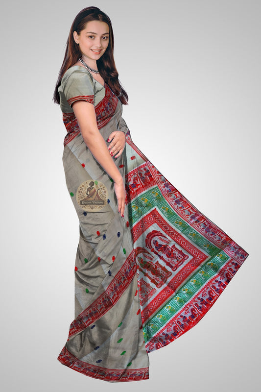 Close-up of Baluchari Silk pallu showing intricate hand-woven Ramayana narrative motifs in pure Mulberry Silk thread