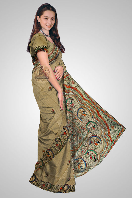 Shop Indian Tussar Saree – Side profile showing pleats and fall
