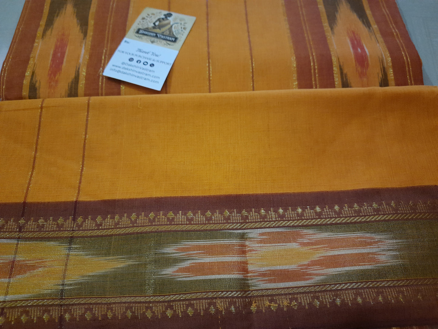 Full view of Kochampallu Saree displaying sustainable design and colorful patterns