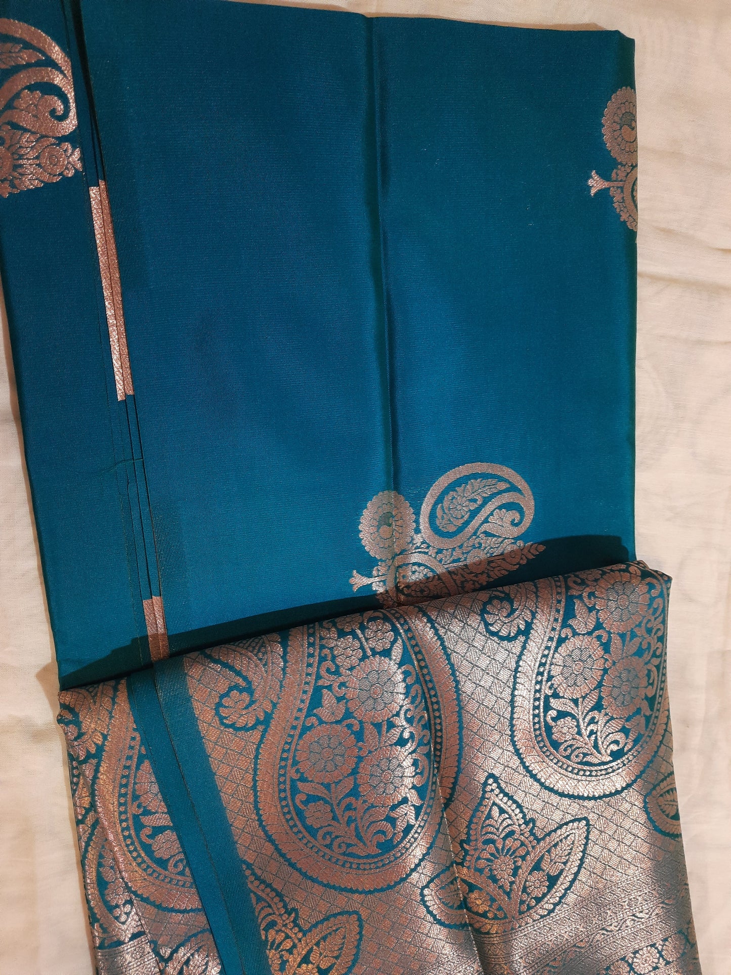 Full view of Semi Silk Saree showcasing luxurious yet eco-conscious craftsmanship