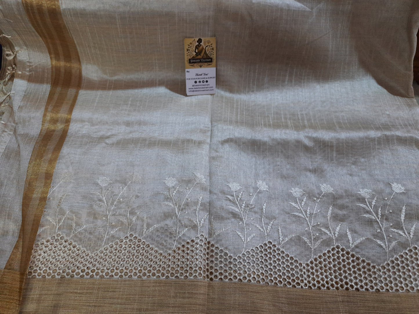 Rear view of Tussar Embroidery Saree displaying breathable, lightweight texture