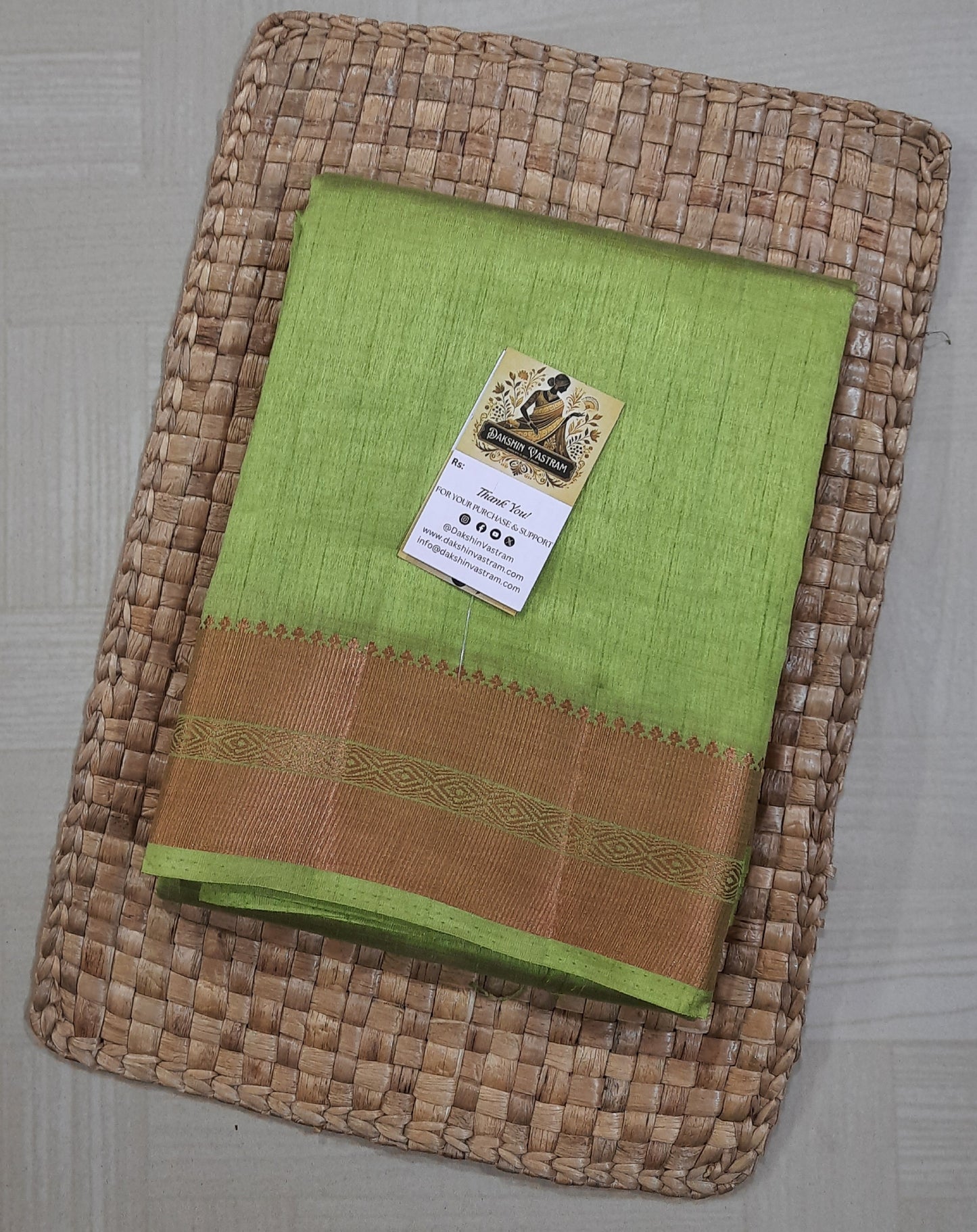 Front side view of Organic Tussar Saree showcasing natural elegance and soft fabric