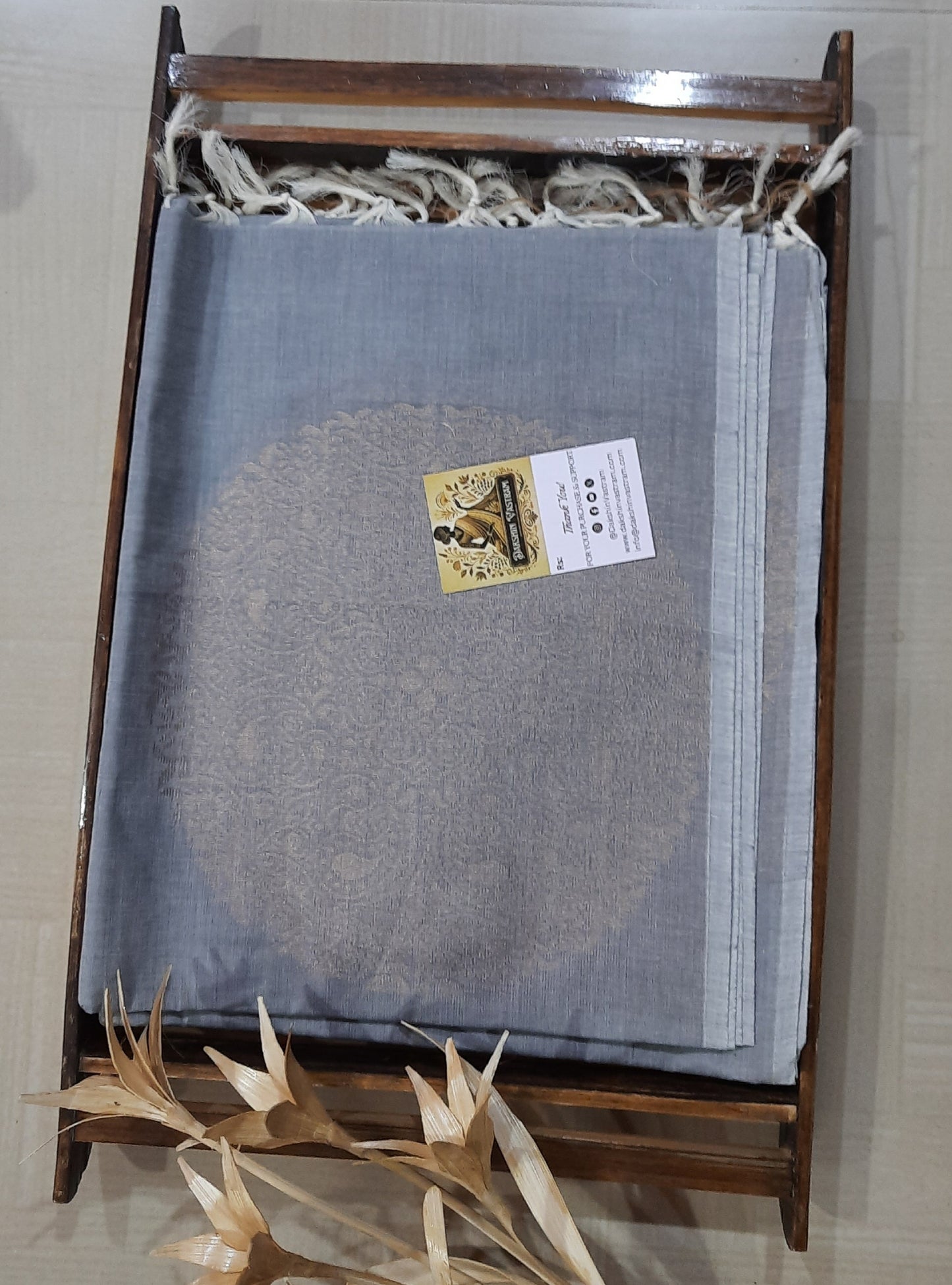 Fabric Front View: Handloom fabric with copper zari detailing, showcasing intricate design and organic cotton texture.