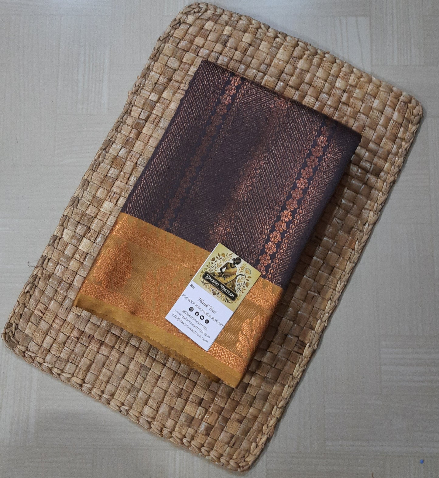 Saree Front View: Mow Silk Saree front view showcasing its rich color, luxurious fabric, and intricate borders.