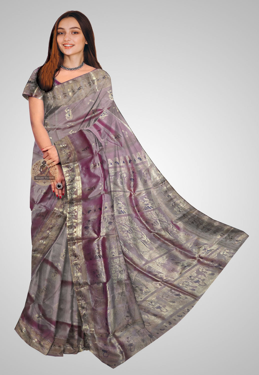 Saree front side: Front view of Handloom Swarnachari Silk Saree, showcasing intricate golden motifs and luxurious sheen.