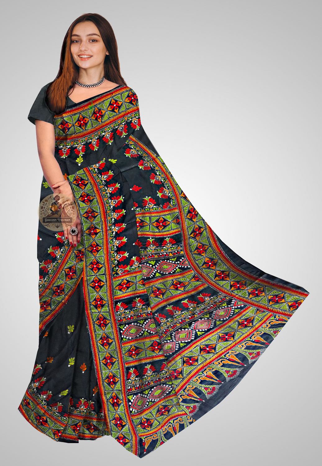 Handcrafted Bishnupur Kantha stitch saree with intricate embroidery