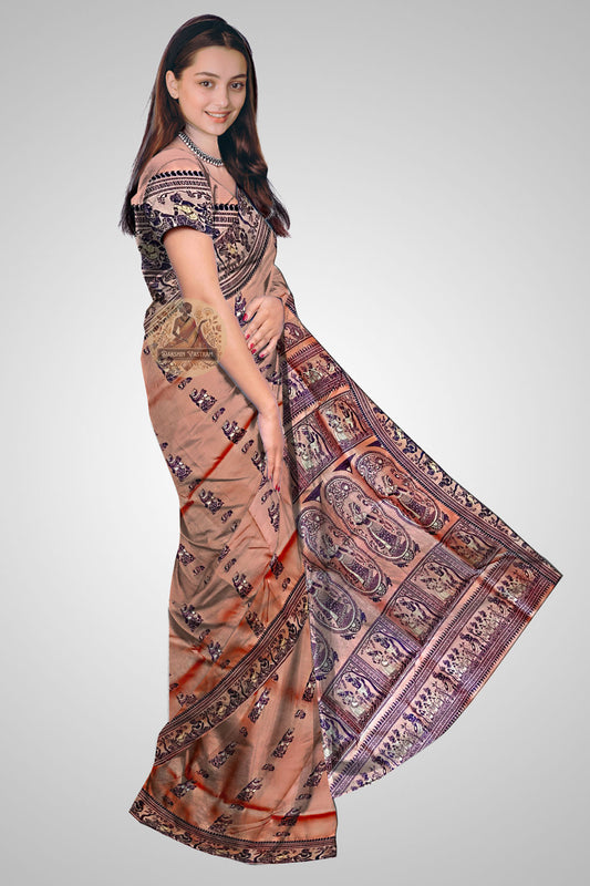 Shop Baluchari Saree – Side view of draped traditional silk