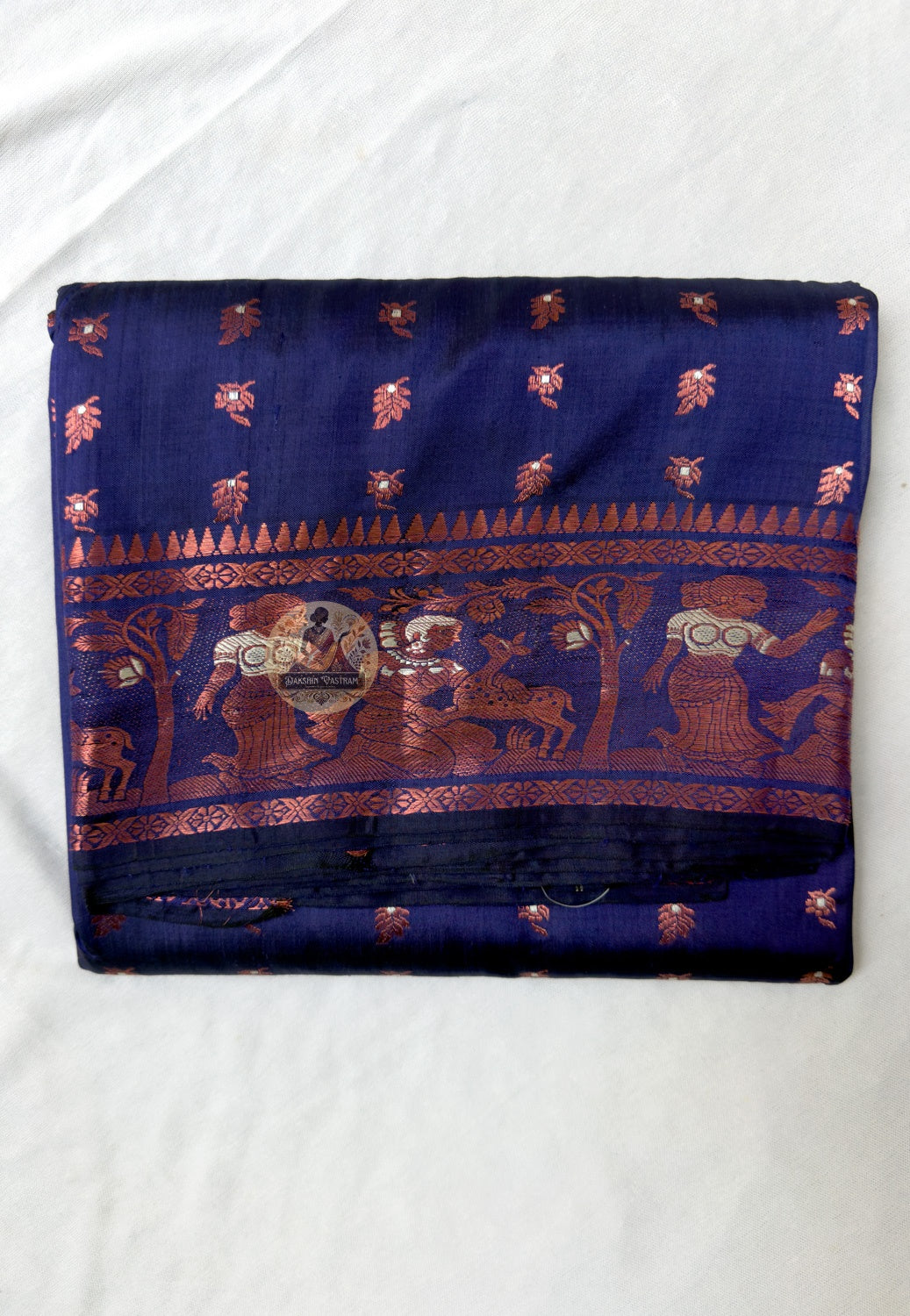 Rear view of Swarnachari silk saree displaying golden zari pallu with hand-woven living continuation of Bengal temple-art and royal court tradition compositions