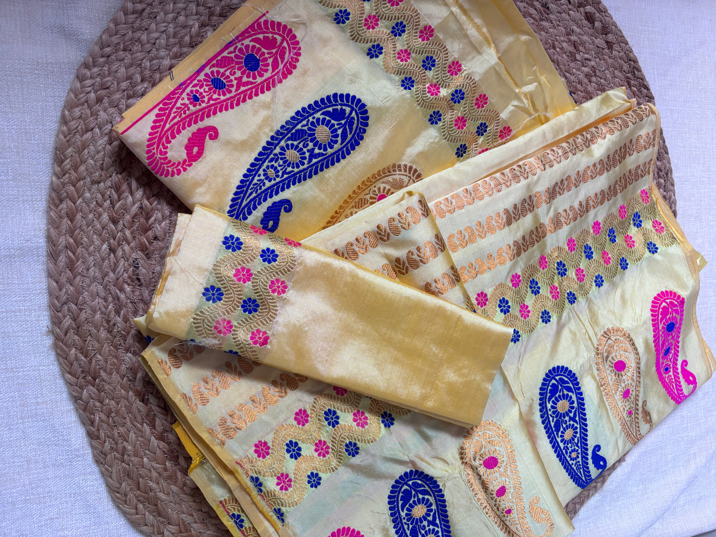 Close-up of structured woven grid body pattern on Paat Mekhela Chador chador authentic Sualkuchi Assam mulberry silk matriarch handloom