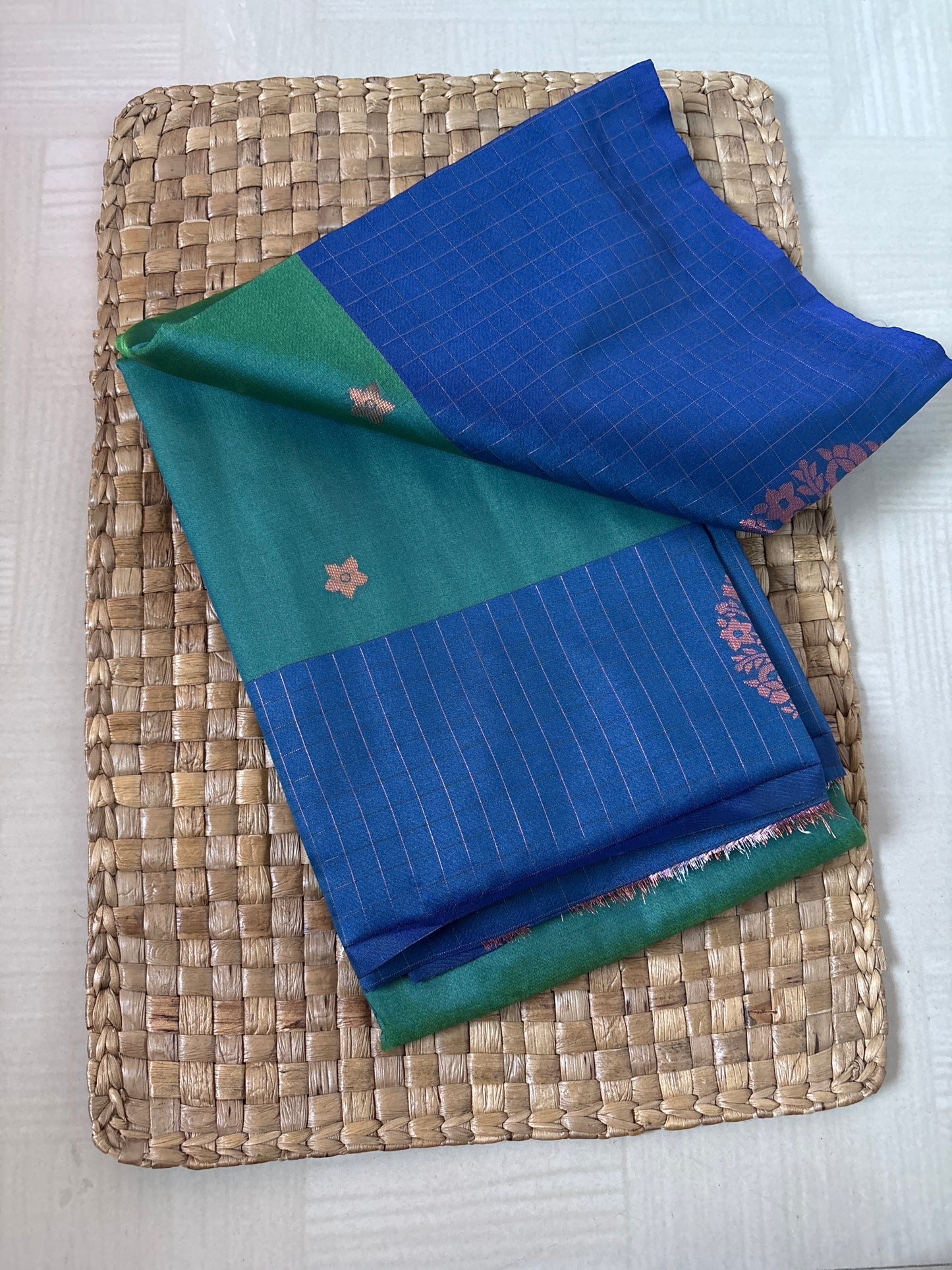 Buy Semi Silk Saree online – Green & Blue Semi Silk Saree rear view