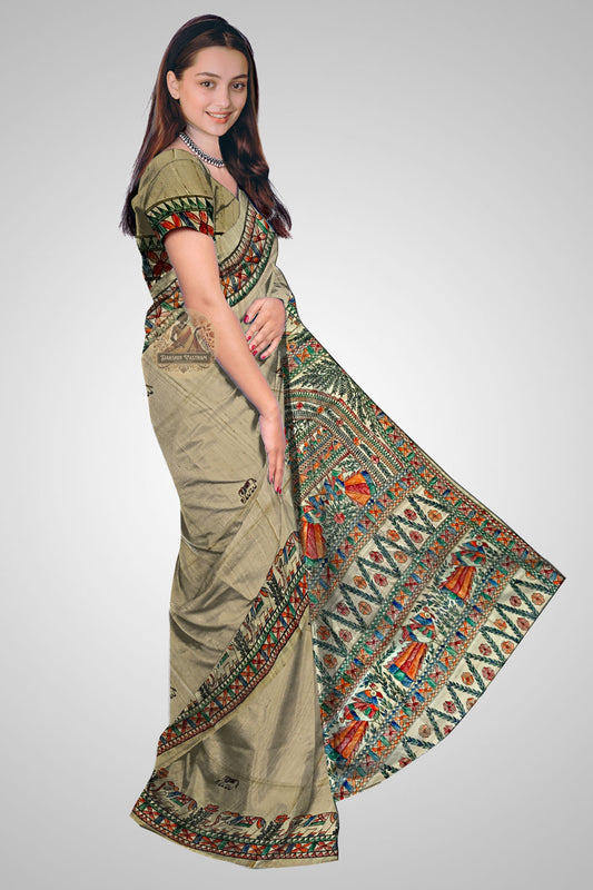 Shop Tussar Silk Saree online – Side profile with artisanal weave detailing
