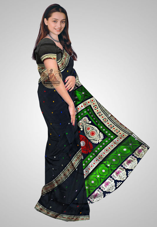 Saree Side View: Side profile of Baluchari saree showing the luxurious fabric and graceful draping.