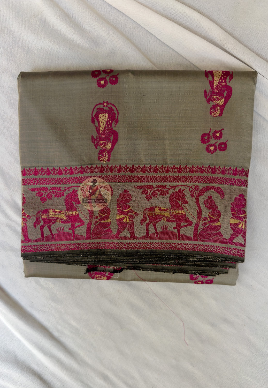 Full flat-lay of Baluchari Silk Saree with matching blouse piece, handloom narrative weave Bengal