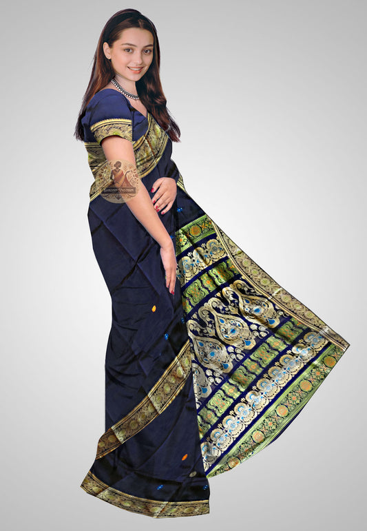 Saree Side View: Side profile of Baluchari saree with a smooth drape and lustrous silk sheen.