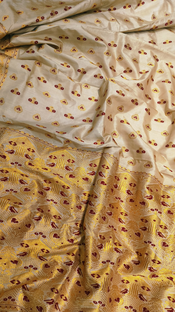 Full-length collector's Muga Silk Saree drape in deepening natural gold – premium Assam silk shipped to UK