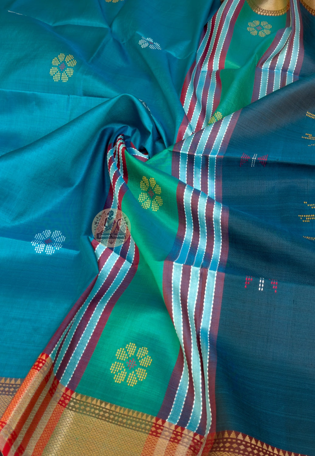 Full flat-lay of Bishnupur Pure Katan Silk Saree with matching blouse piece handloom Ashtami 2026 collection Bengal