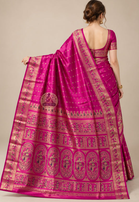 Front view of Swarnachari silk saree showing pure silk body with golden zari Malla court and Bishnupur terracotta temple motifs each a translation of stories that preceded the loom