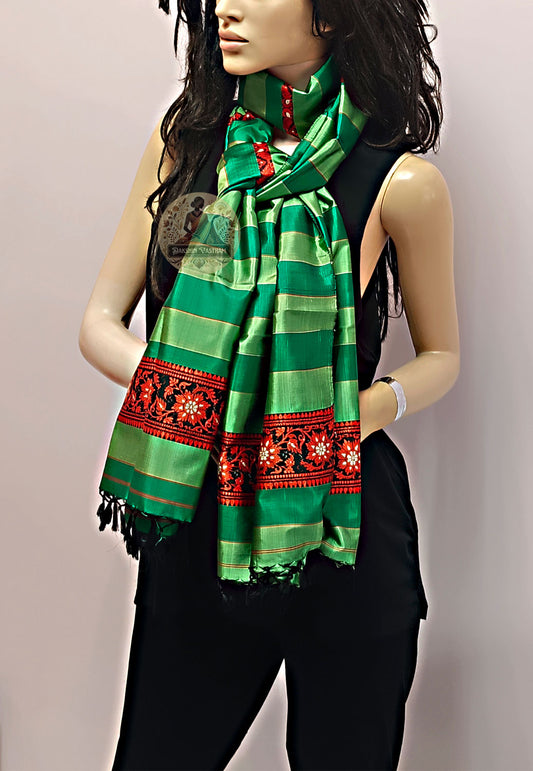 Buy Green & Red Pure Silk Stole online – Green & Red front view