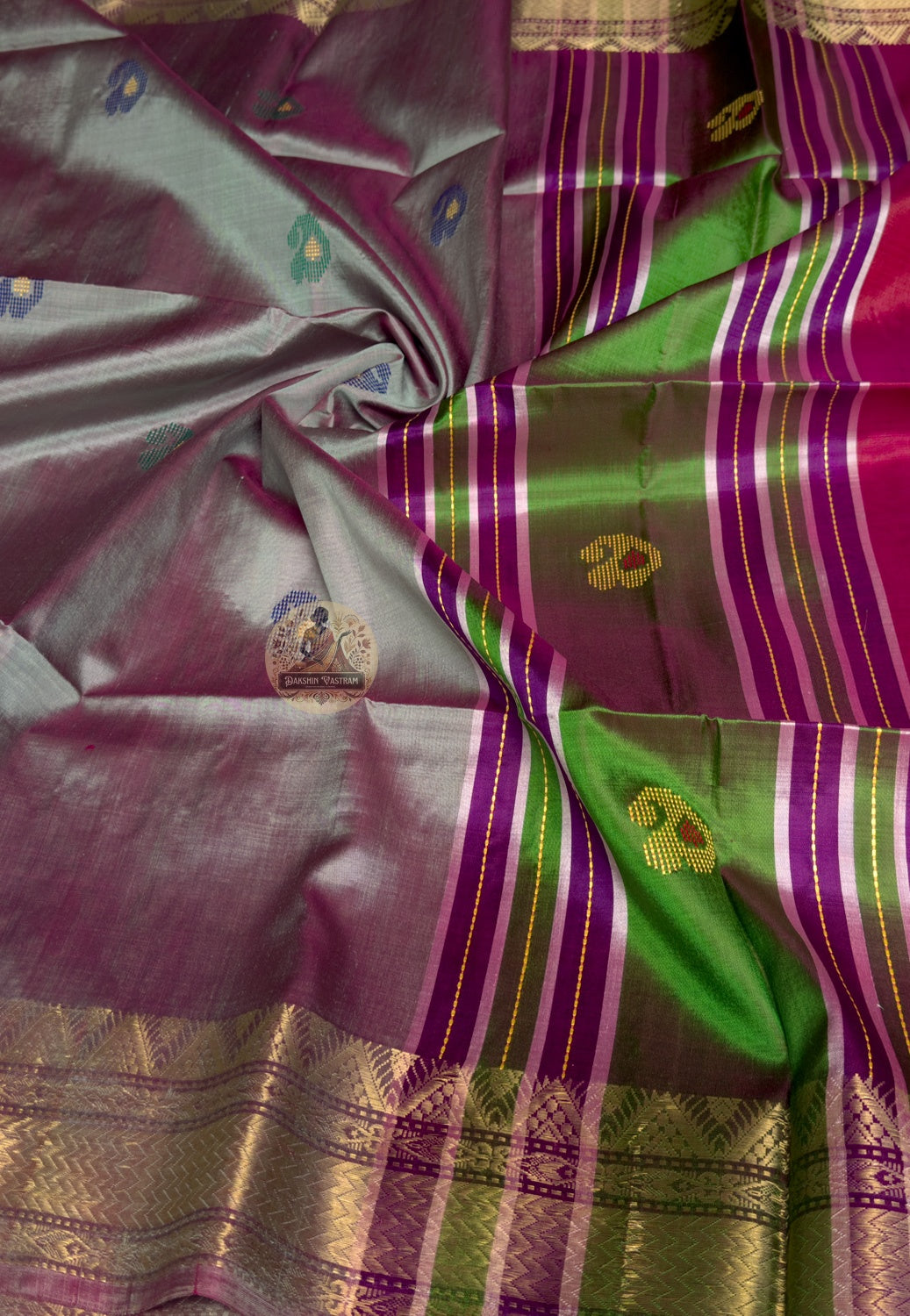 Full flat-lay of Bishnupur Pure Katan Silk Saree with matching blouse piece handloom Navami Puja 2026 Bengal