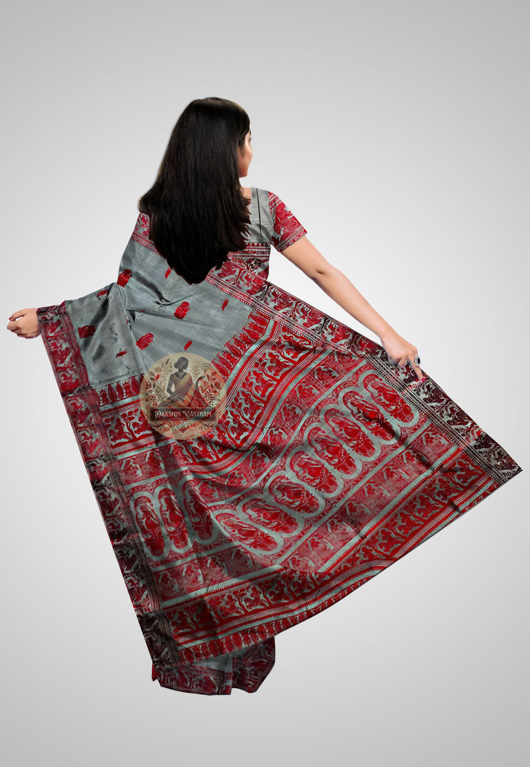 Buy Baluchari Silk Saree online – Rear view displaying pallu design