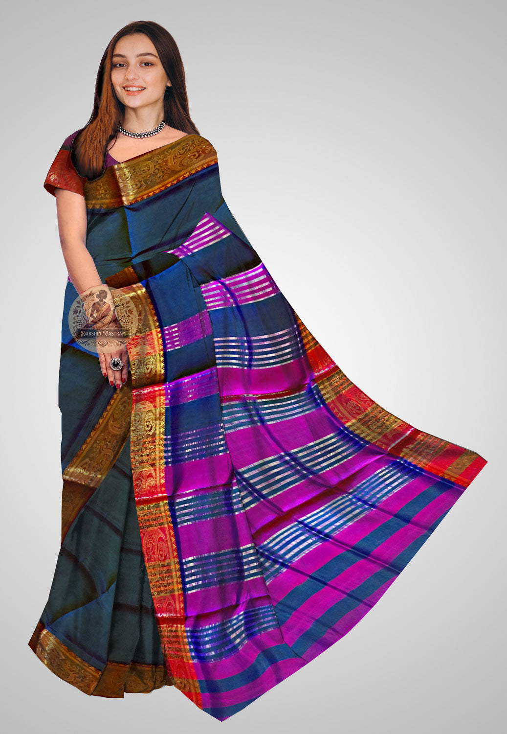 Buy Bishnupuri Silk Saree online – Bishnupuri Handloom Katan Silk Saree front view