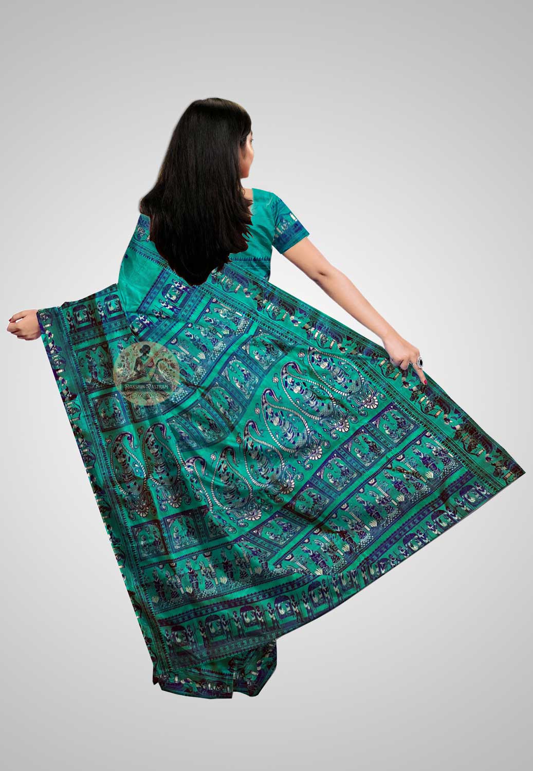Traditional Baluchari silk saree with smooth, glossy texture