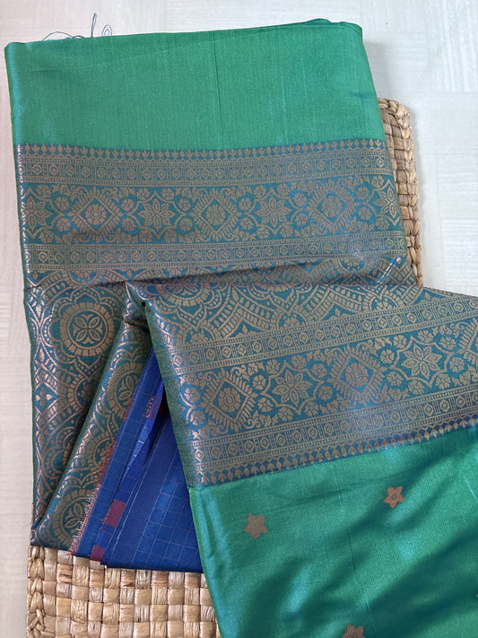 Buy Semi Silk Saree online – Green & Blue Semi Silk Saree side view