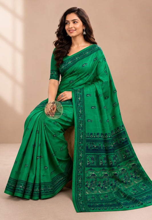 Side view of Baluchari Pure Silk Saree showing the graceful fluid fall and natural sheen of handwoven pure silk with traditional Baluchari buti motifs repeating across the body