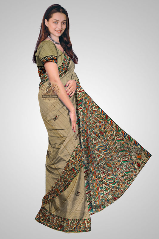 Shop Organic Tussar Saree – Side view featuring textured artisan weave