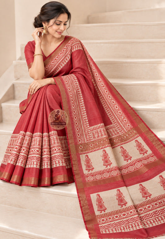 Side view of red Ghicha Tussar silk saree showing the drape and contrasting patterned border