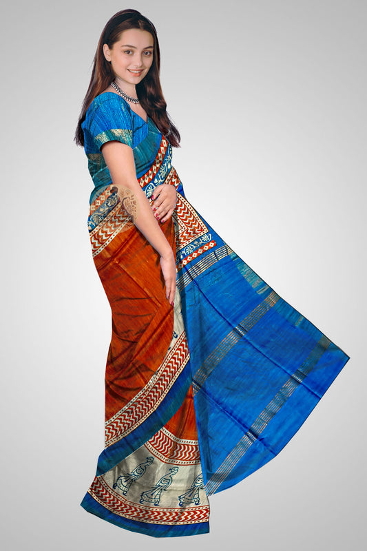 Buy Indian Tussar Saree – Side look highlighting handloom drape