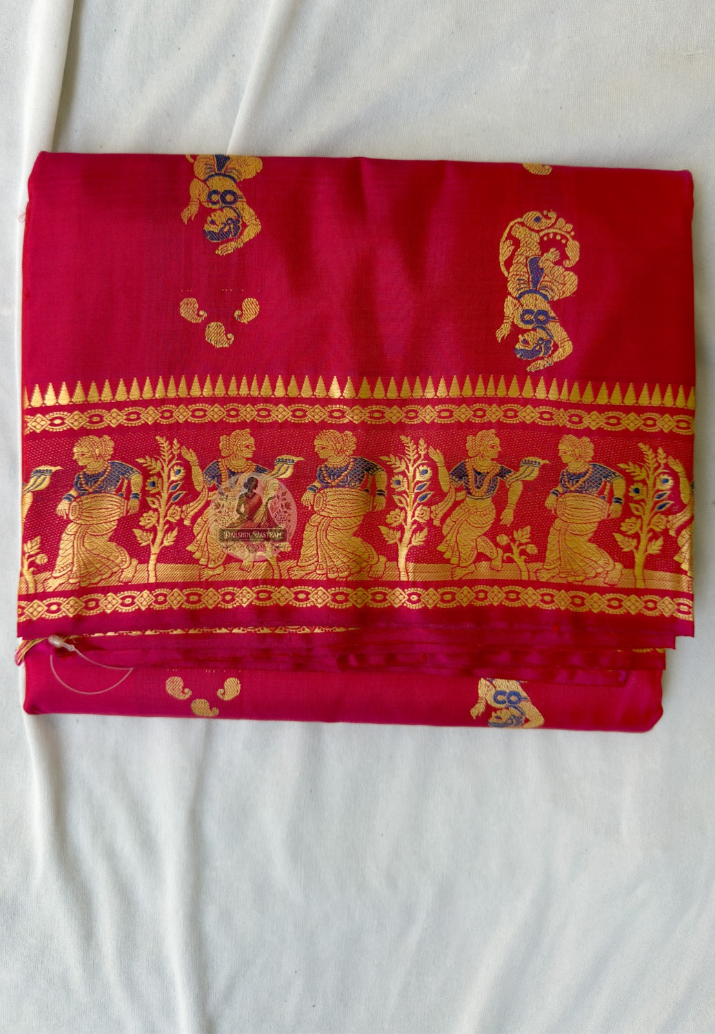 Close-up of hand-woven Radha-Krishna devotional scene in pallu of Baluchari Silk Saree, supplementary weft Bengal