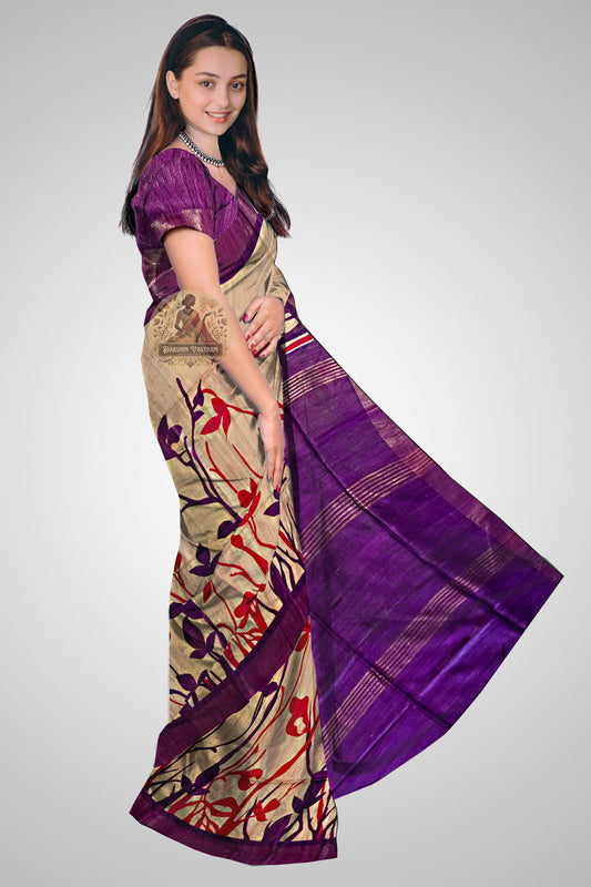 Shop Indian Tussar Sarees – Draped side view showcasing texture