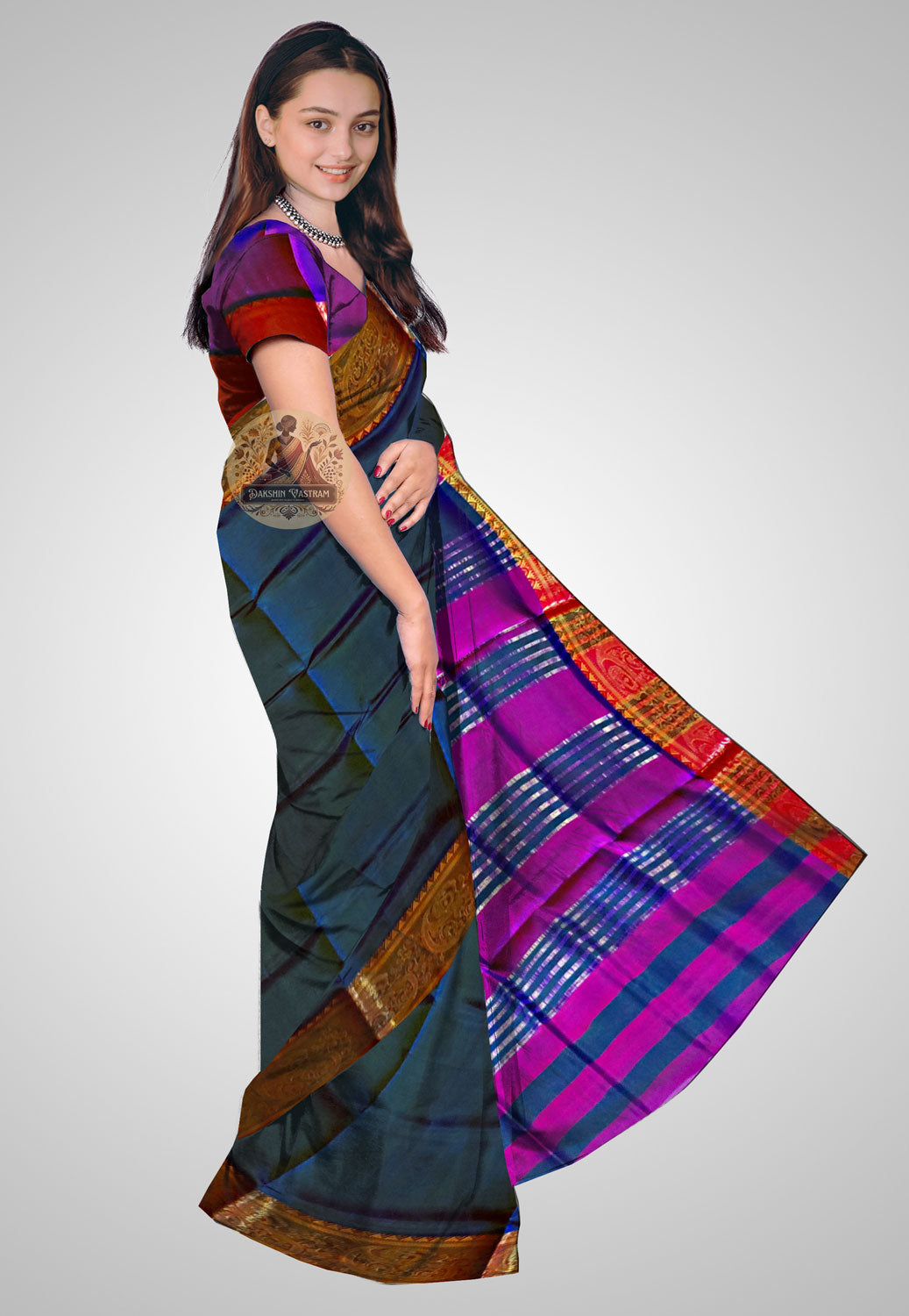 Buy Bishnupuri Silk Saree online – Bishnupuri Handloom Katan Silk Saree side view