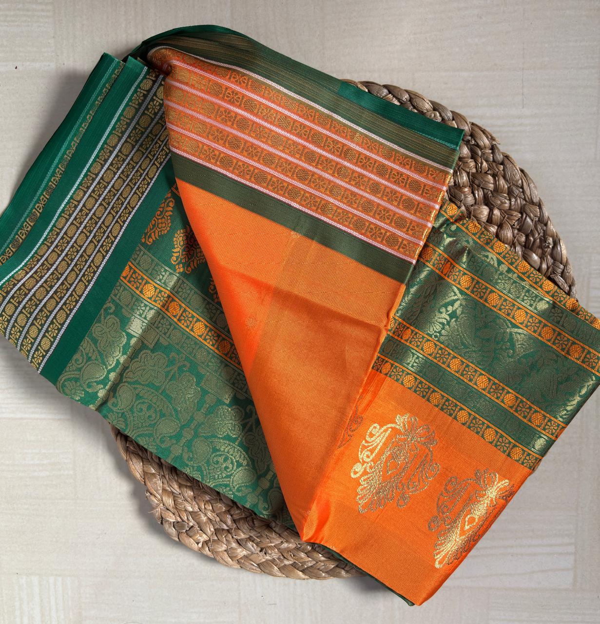 Buy Semi Silk Saree in Orange & Green online – Semi Silk Saree full saree view