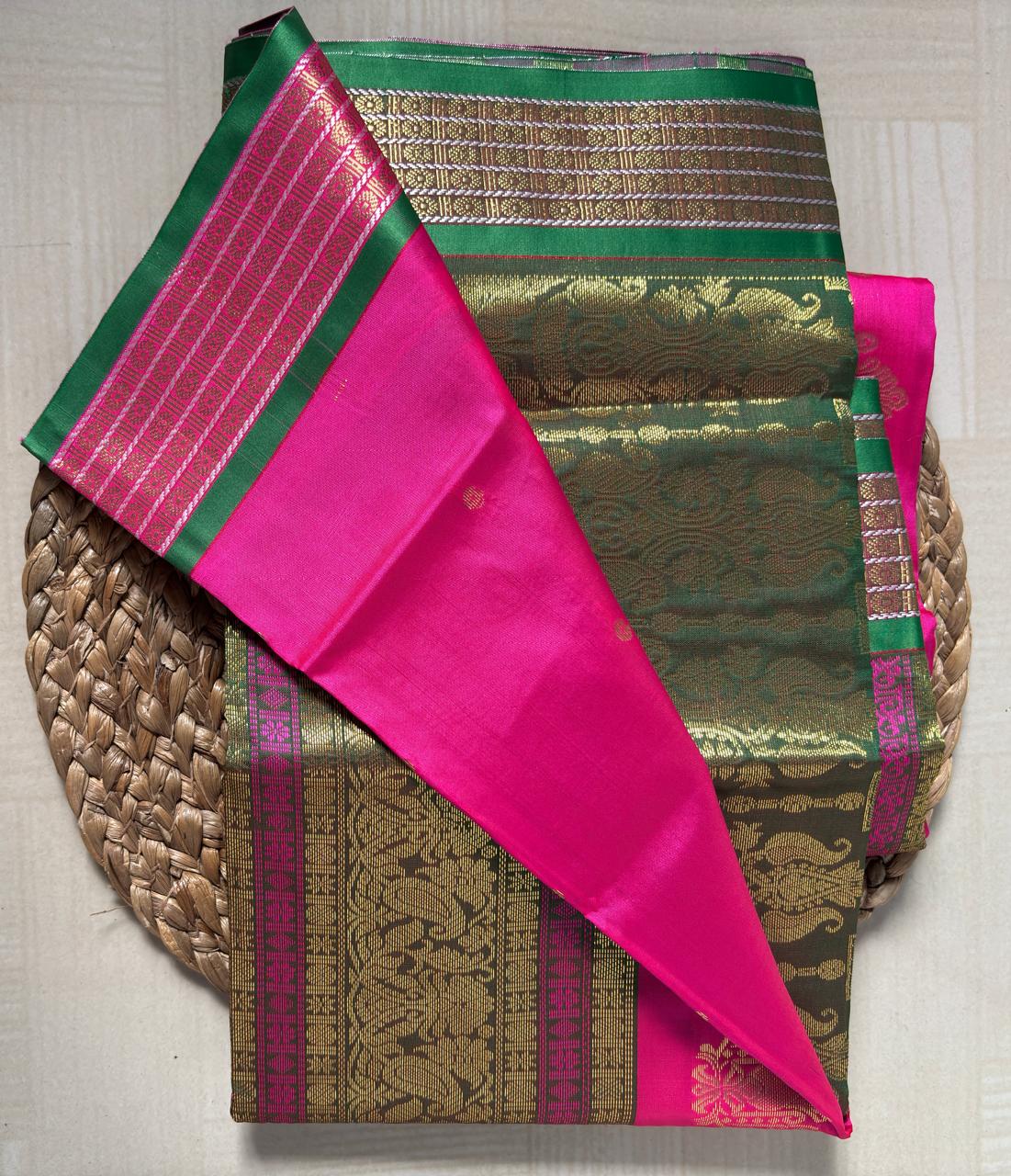 Buy Rani Pink Semi Silk Saree with Olive Zari online – Rani Pink Saree blouse view