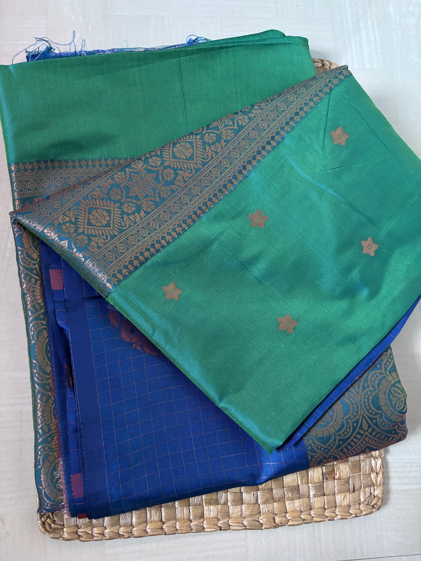 Buy Semi Silk Saree online – Green & Blue Semi Silk Saree full view