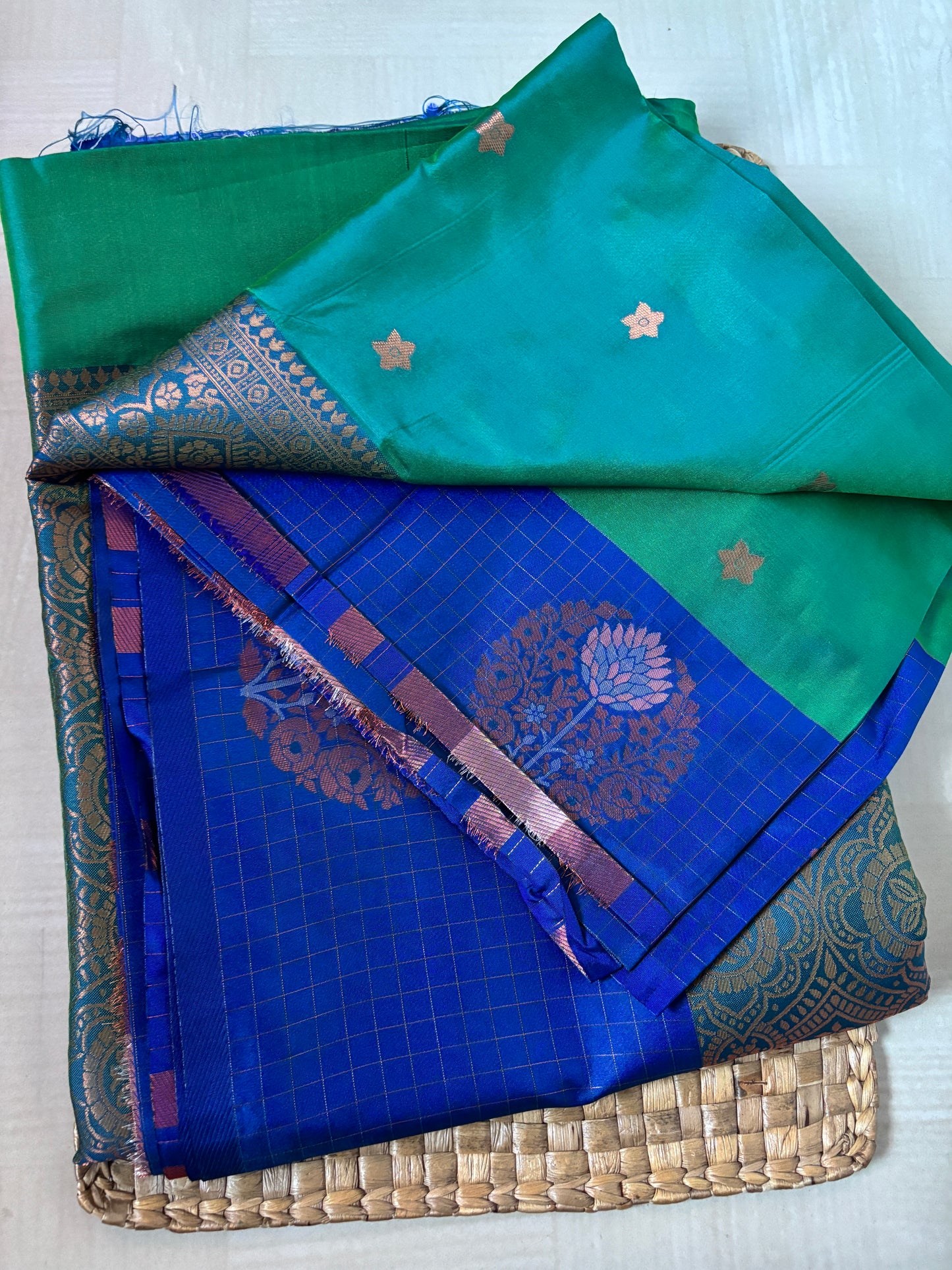 Buy Semi Silk Saree online – Green & Blue Semi Silk Saree blouse view