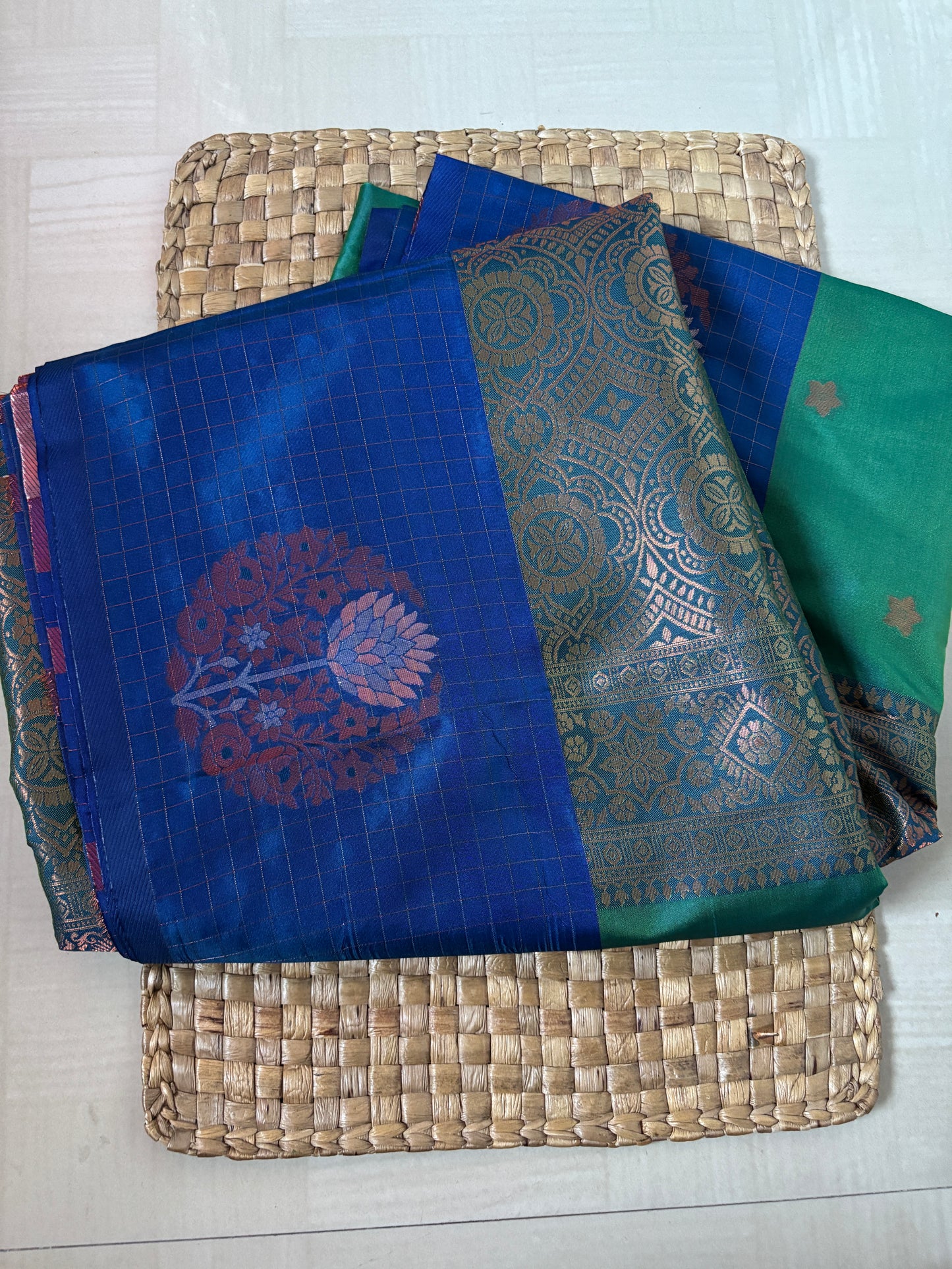 Buy Semi Silk Saree online – Green & Blue Semi Silk Saree front view