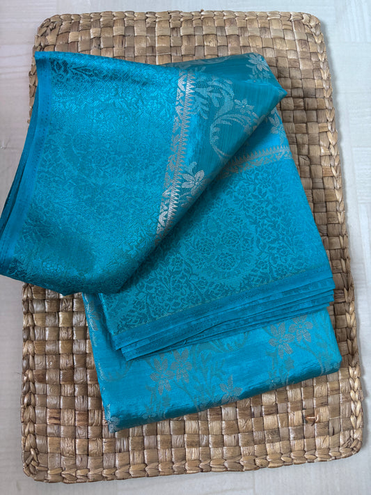 Buy Semi Silk Saree online – Turquoise Blue Semi Silk Saree side view