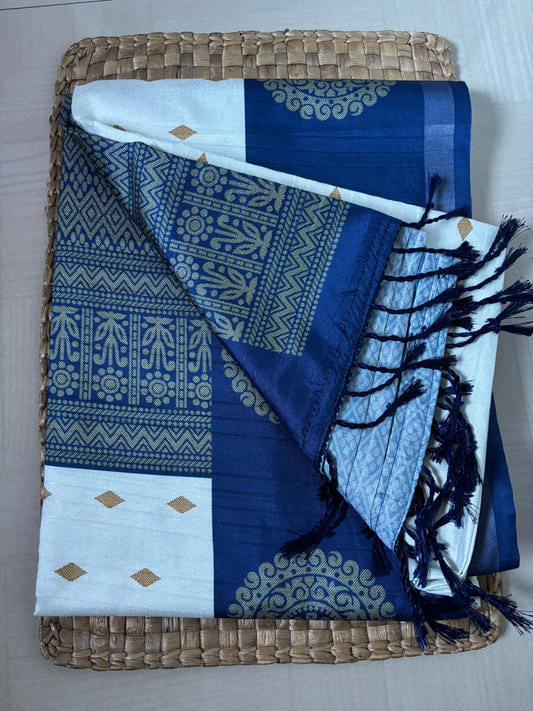 Buy Semi Silk Saree online – White & Blue Semi Silk Saree side view
