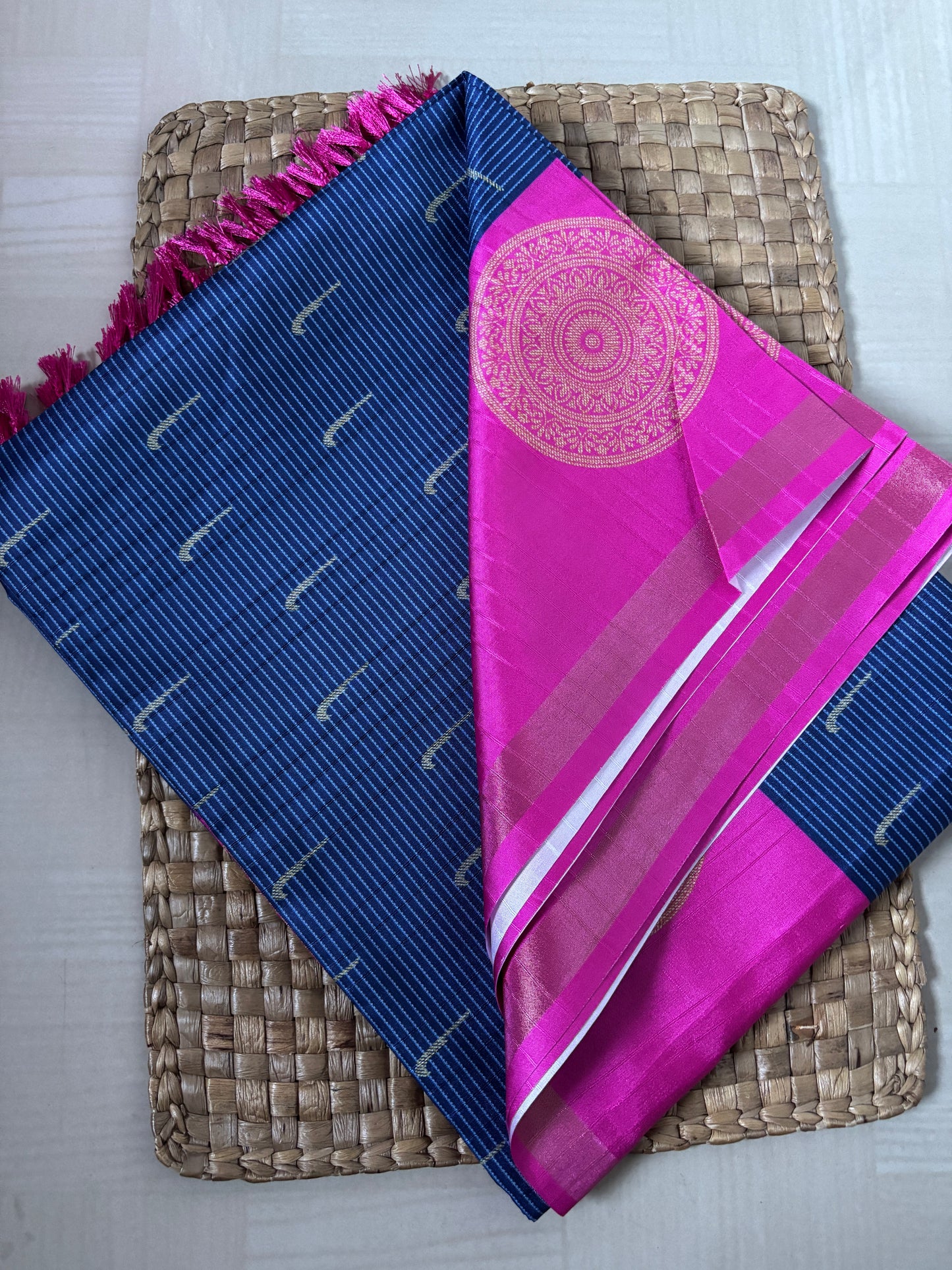 Buy Semi Silk Saree online – Pink & Blue Semi Silk Saree rear view