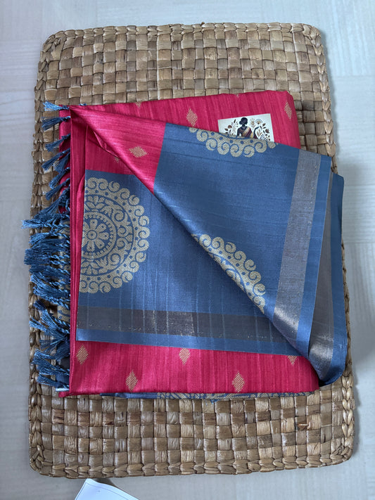 Buy Semi Silk Saree online – Pink & Grey Semi Silk Saree side view