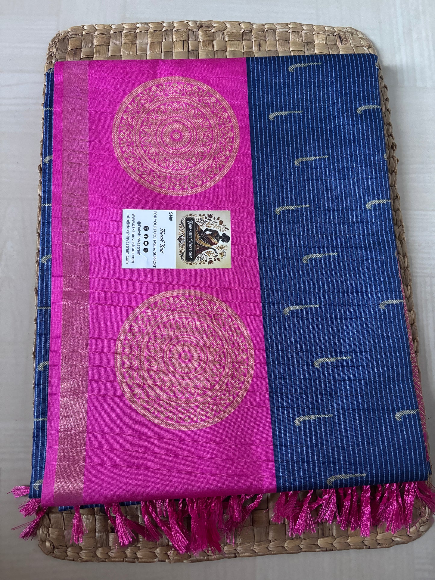 Buy Semi Silk Saree online – Pink & Blue Semi Silk Saree full view