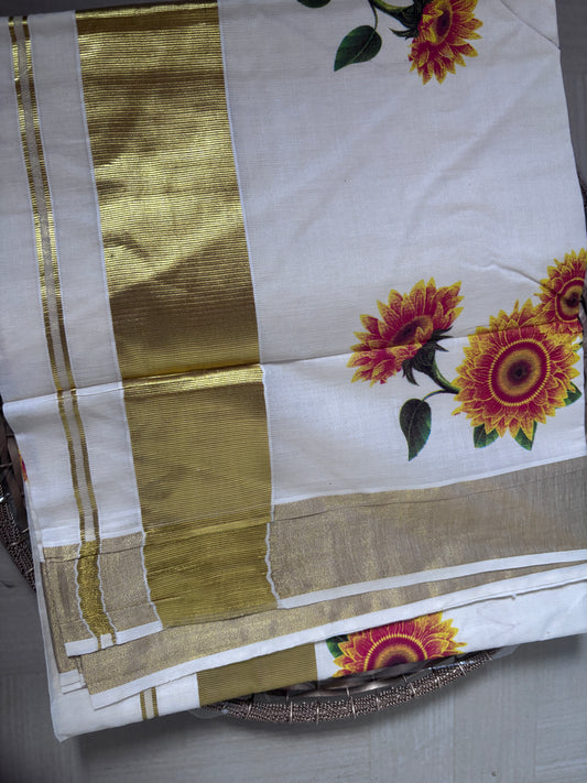 Buy Sunflower Kasavu Saree online – Kerala Cotton Saree side view