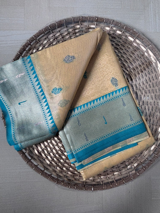 Buy Tissue Silk Saree online – Ivory Aqua Border Saree side view