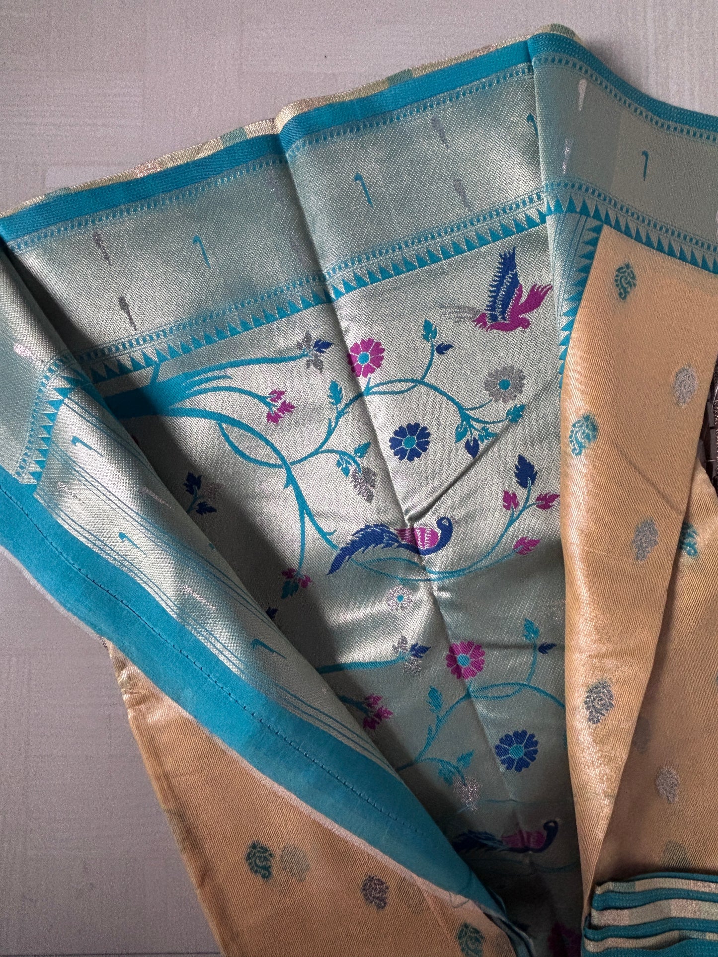 Buy Tissue Silk Saree online – Ivory Aqua Border Saree blouse view