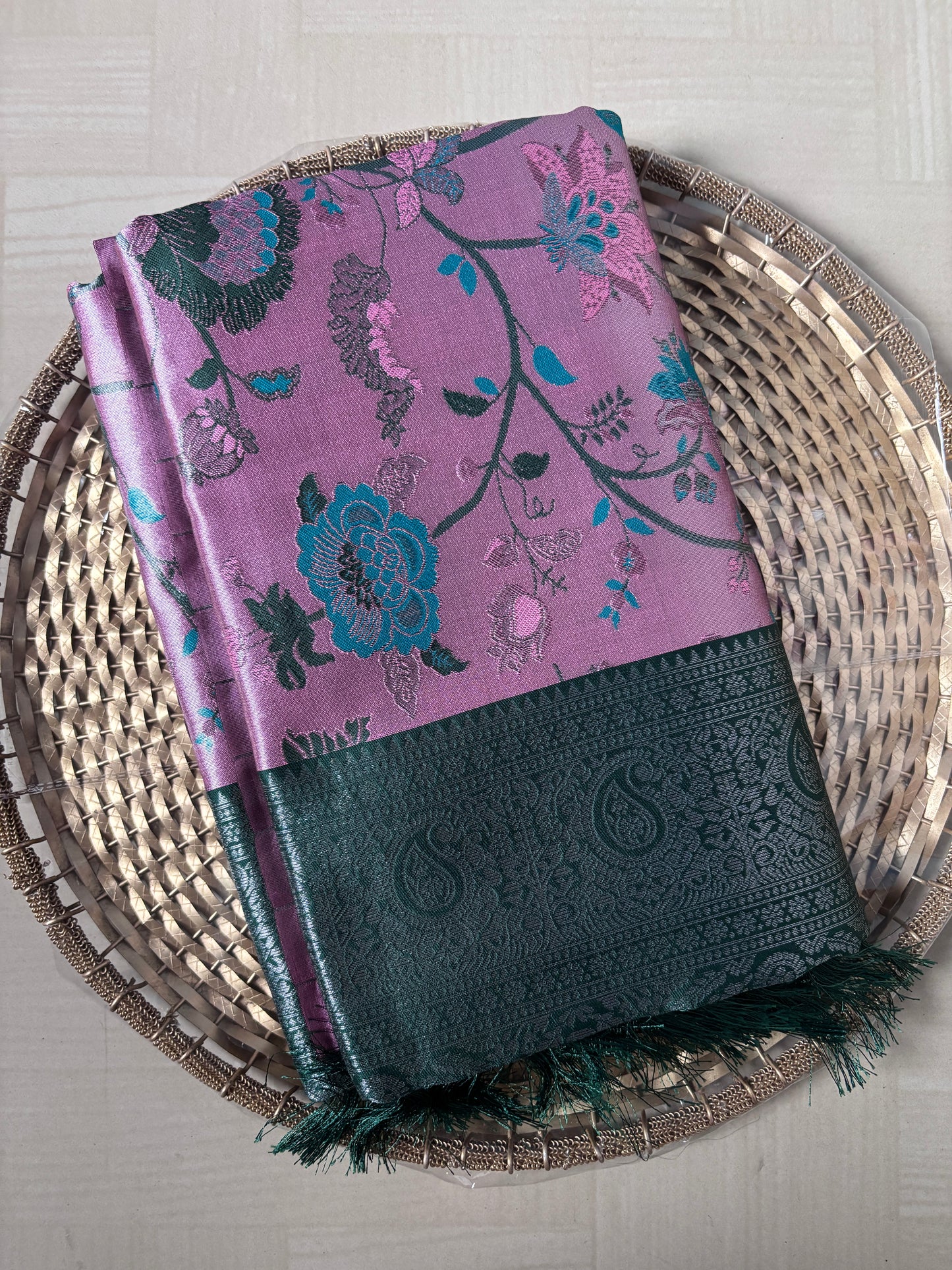 Buy Tissue Silk Saree online – Lavender Teal Saree front view