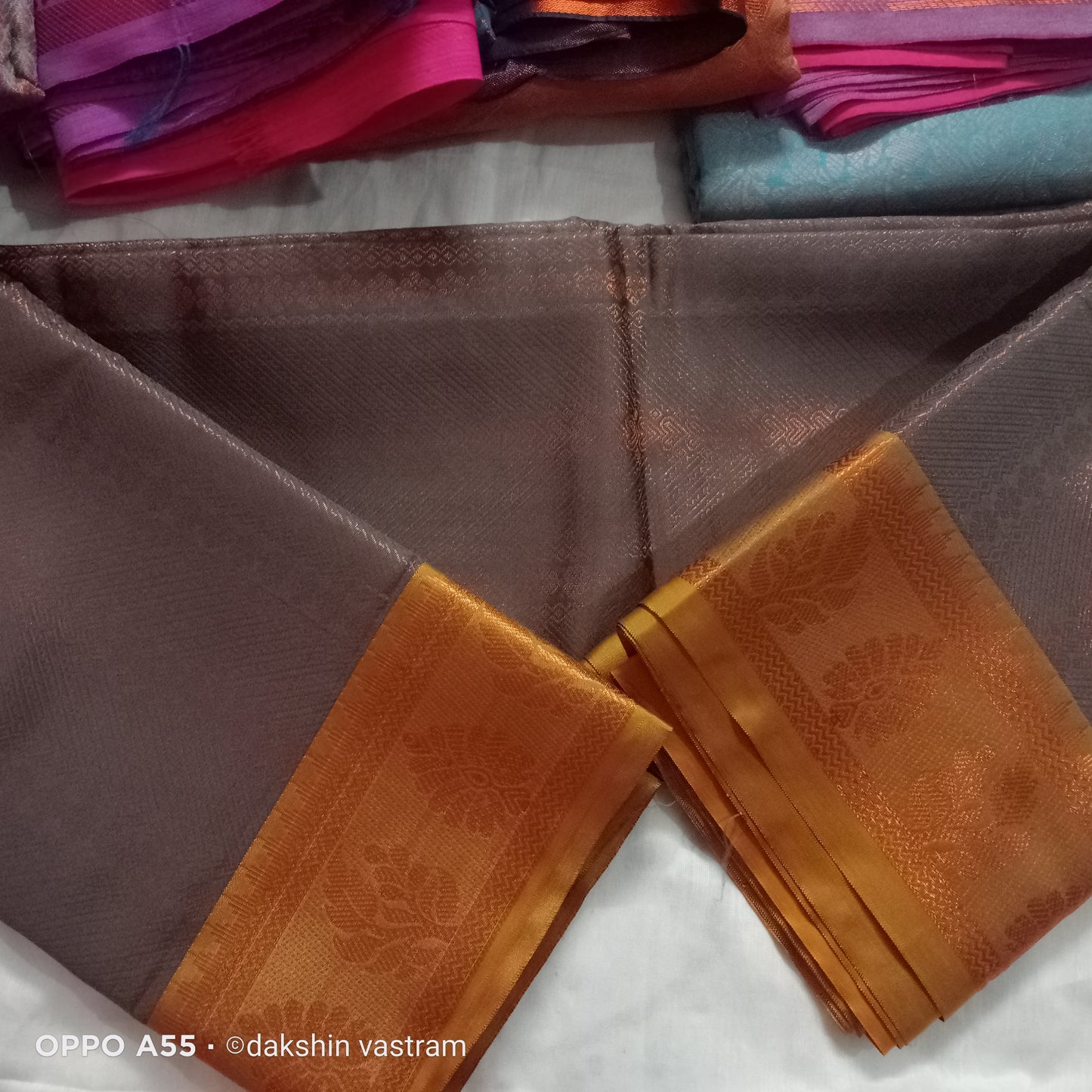 Saree Full View: Full view of Mow Silk Saree draped, offering an elegant and timeless style for any occasion.